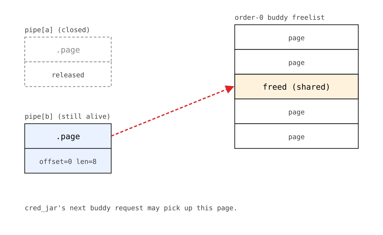 Figure 3: close(pipe[a]) returns the shared page to buddy